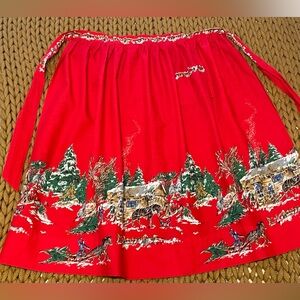 Vintage Holiday Red Cotton Apron with Pocket